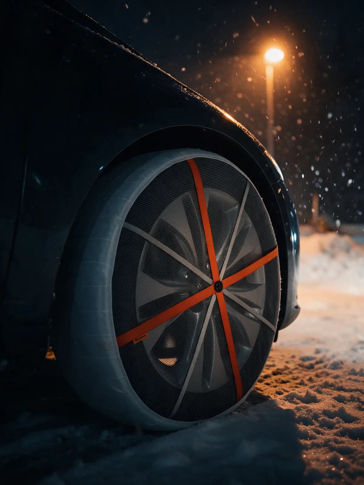 AutoSock snow sock fitted on a car wheel in fresh snow under a street light