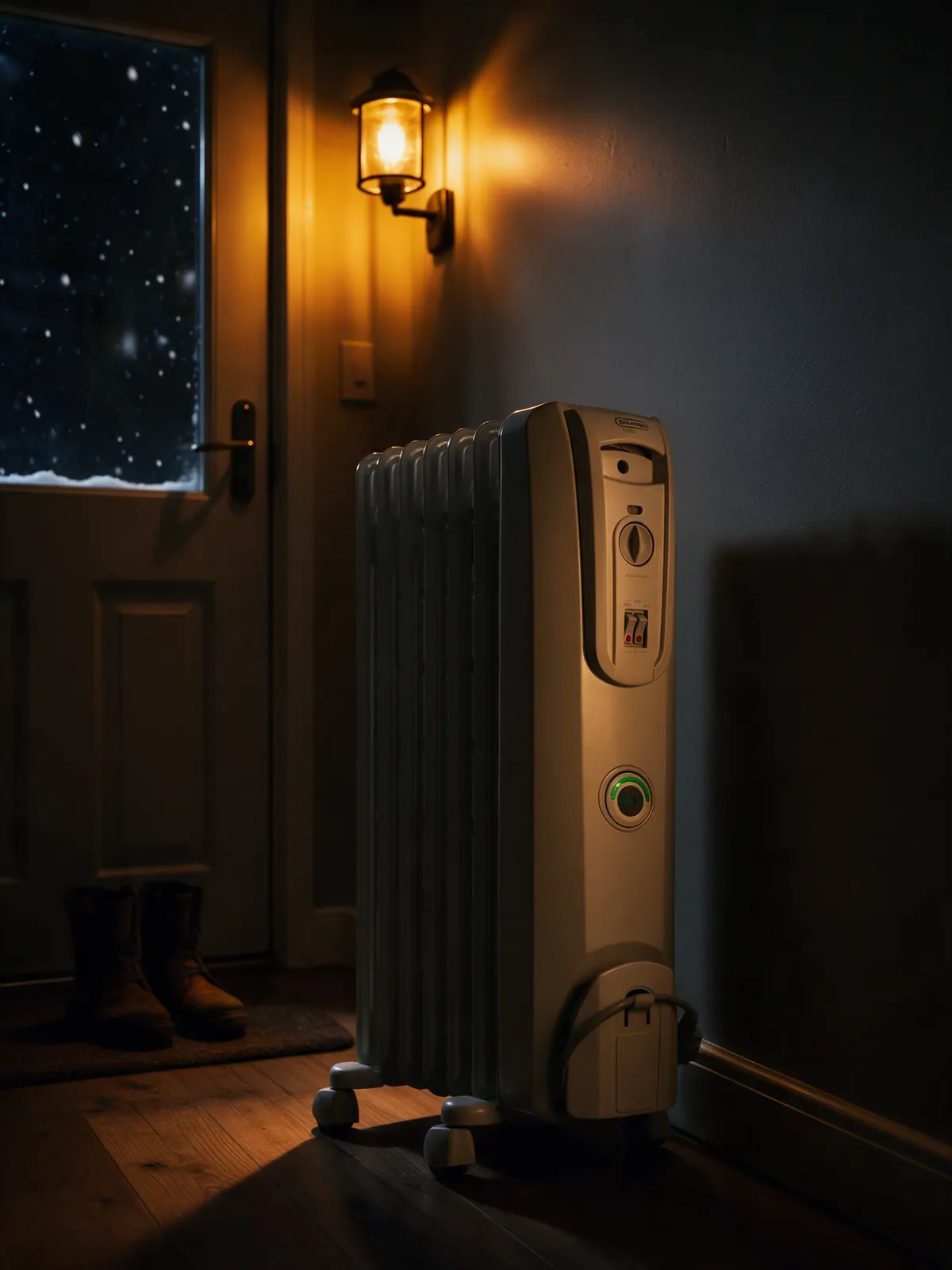 De'Longhi oil-filled radiator heater in a dim hallway by the front door at night