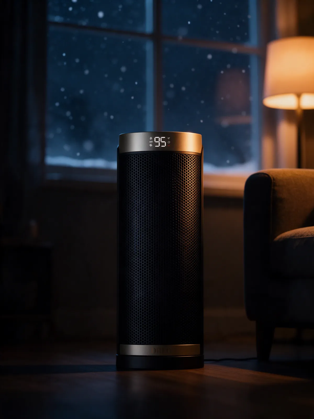 Dreo Solaris Slim H3 space heater in a dark living room by a snowy window