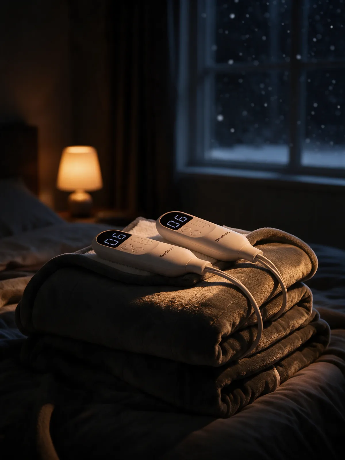 A grey flannel heated blanket with two controllers folded at the foot of a bed at night