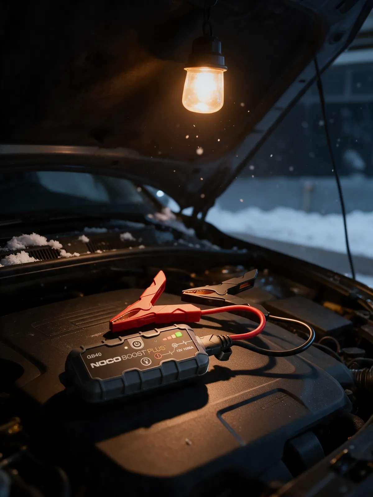 NOCO Boost Plus GB40 jump starter in a snowy engine bay under a work light