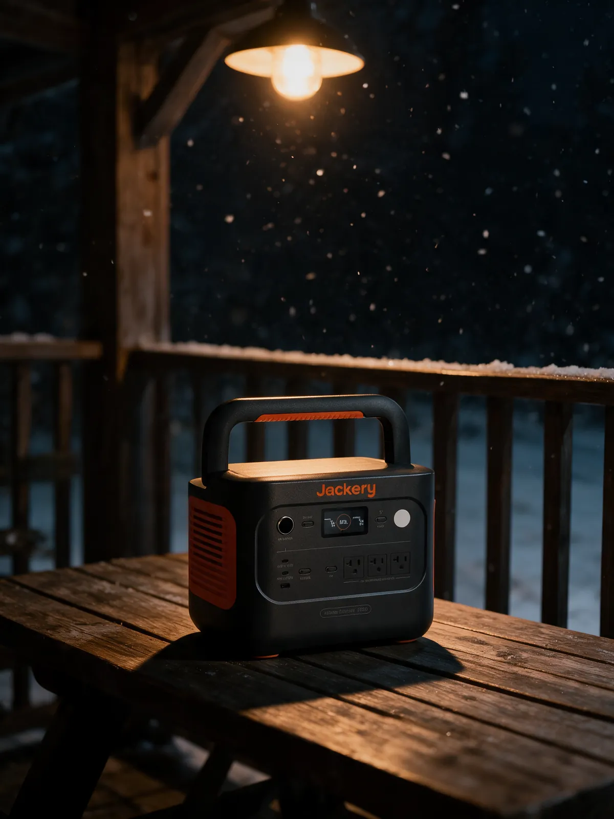 Jackery Explorer 1000 v2 power station on a porch table at night in falling snow
