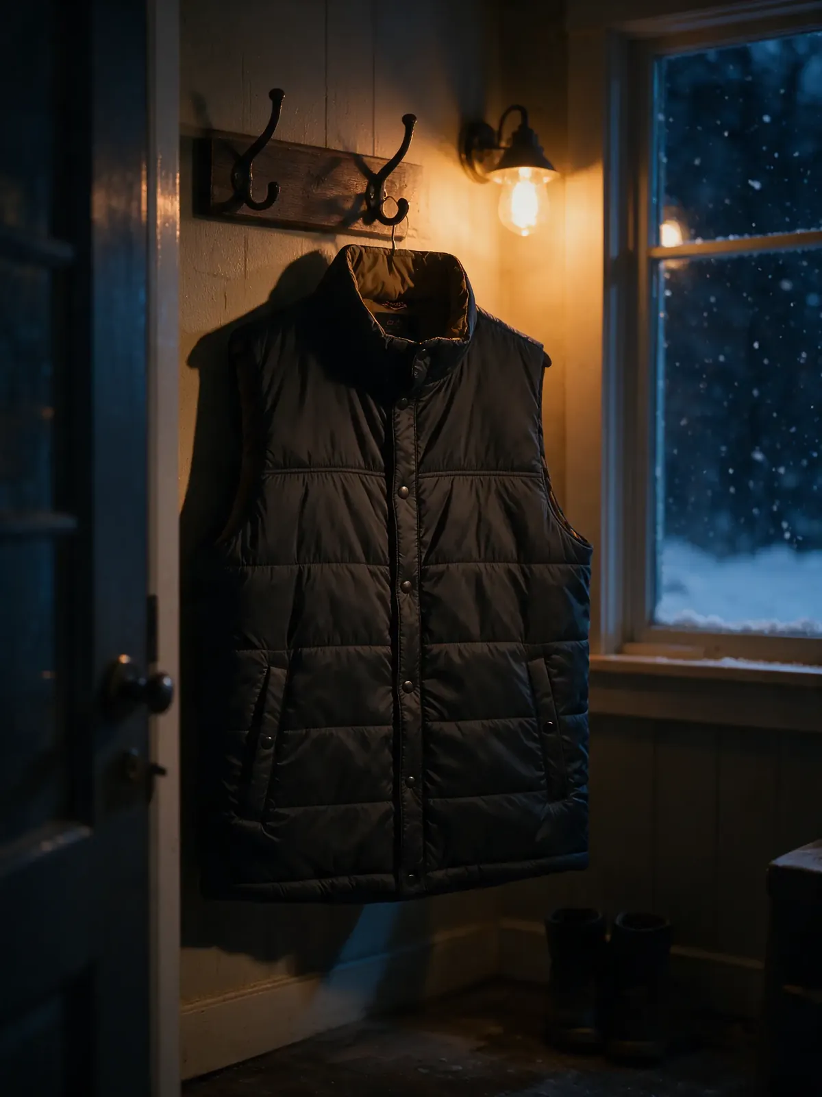 A black quilted heated vest on a wall hook in a mudroom at night beside a snowy window