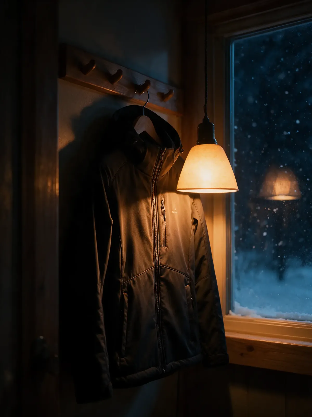 A black hooded heated jacket on a wooden hanger in a cabin hallway at night