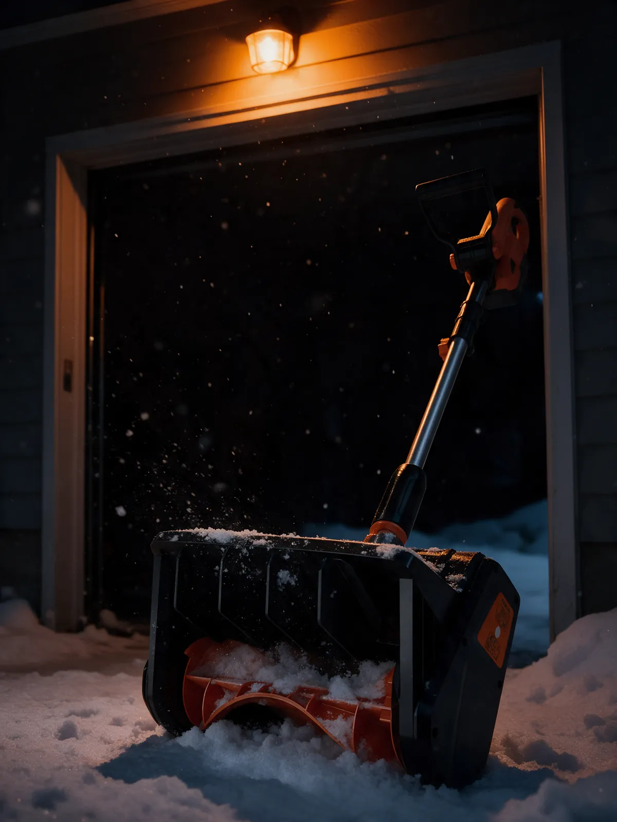 VOLTASK cordless snow shovel in the snow at an open garage door at night