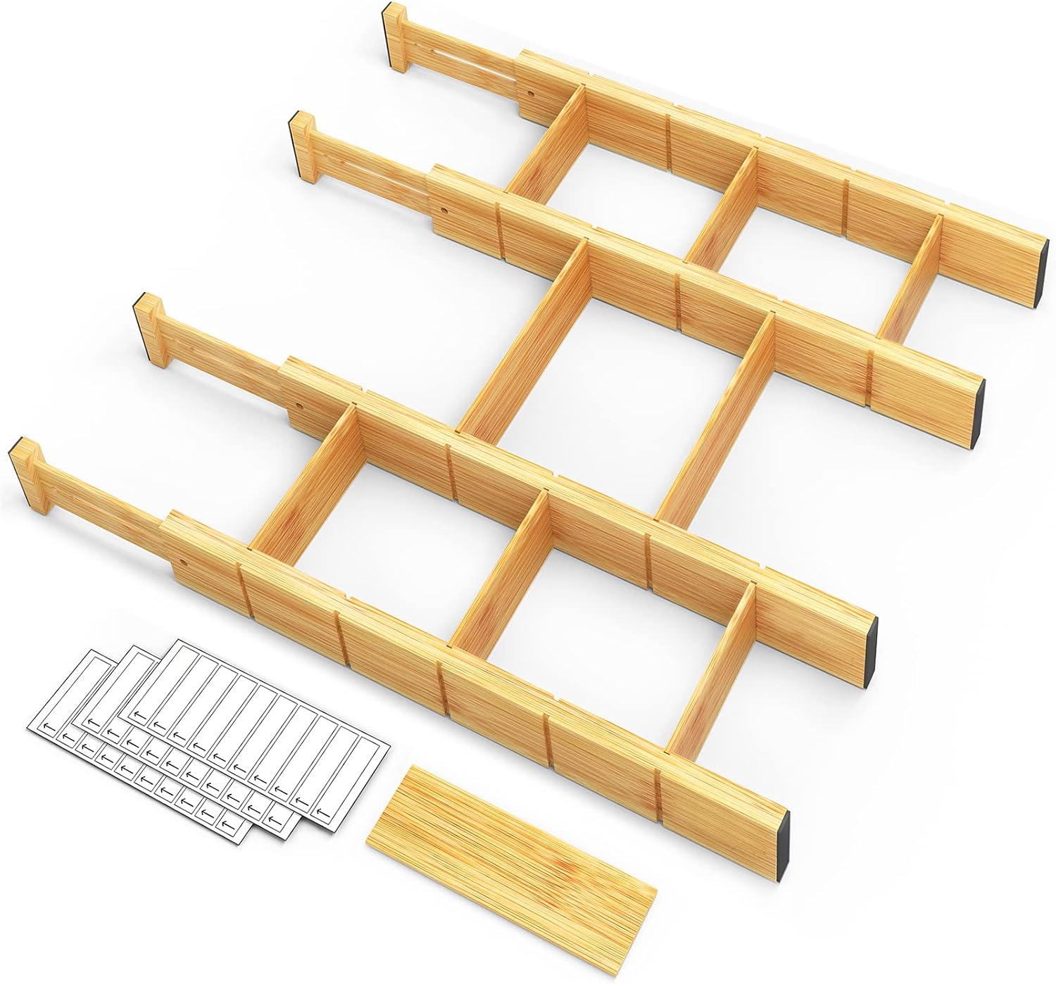 SpaceAid Bamboo Drawer Dividers with Inserts & Labels (4 dividers, 9 inserts)